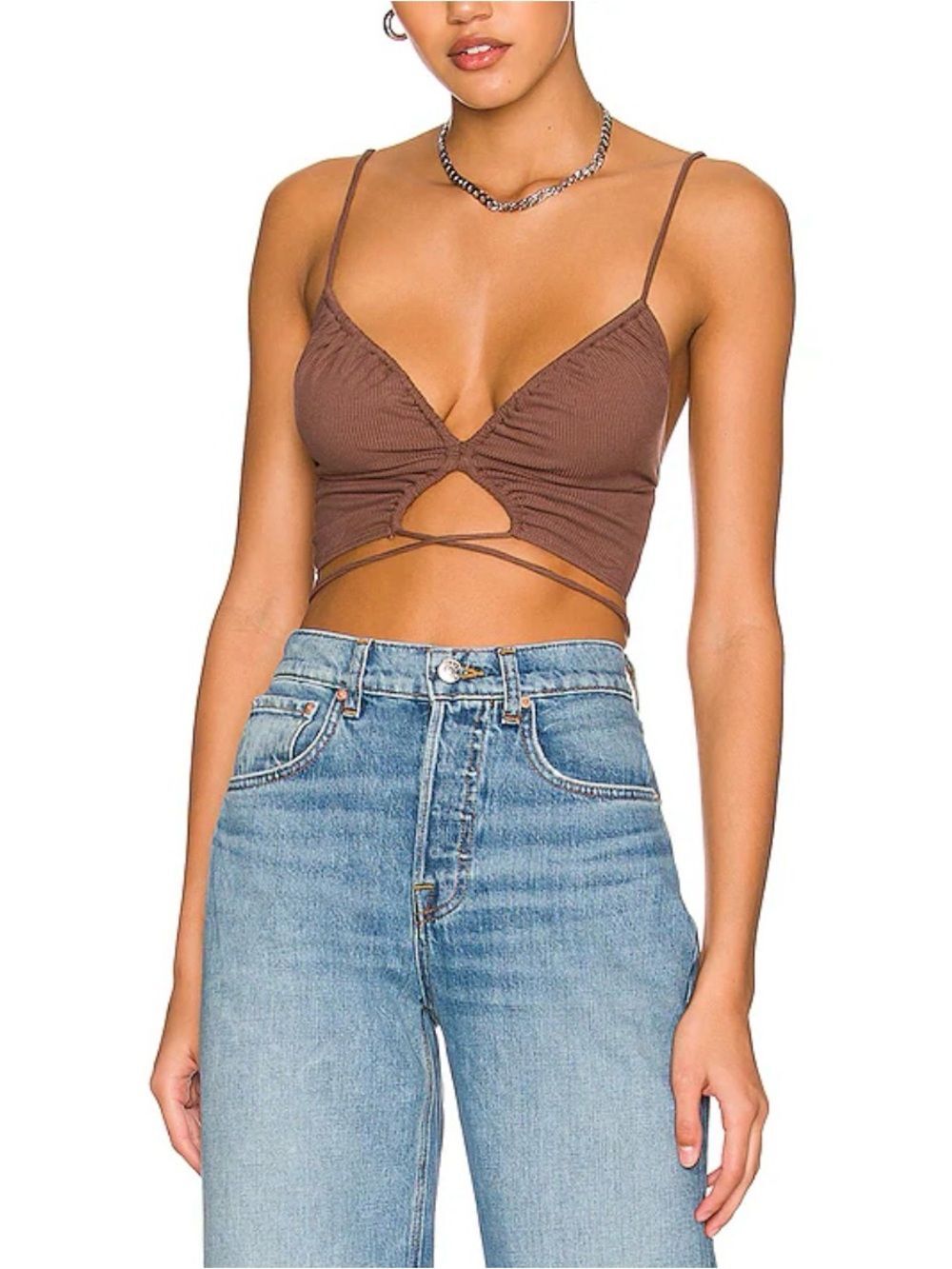 NWT Superdown Daliah Brown Ribbed Wrap-Front Crop Cami with Tie Detail Size S